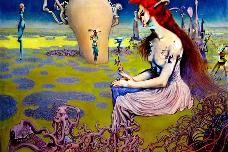 Prompt: realistic extremely detailed portrait painting of alice in wonderland, futuristic sci-fi landscape on background by Jean Delville, Amano, Yves Tanguy, Ilya Repin, Alphonse Mucha, Ernst Haeckel, Edward Robert Hughes, Roger Dean, rich moody colours, blue eyes