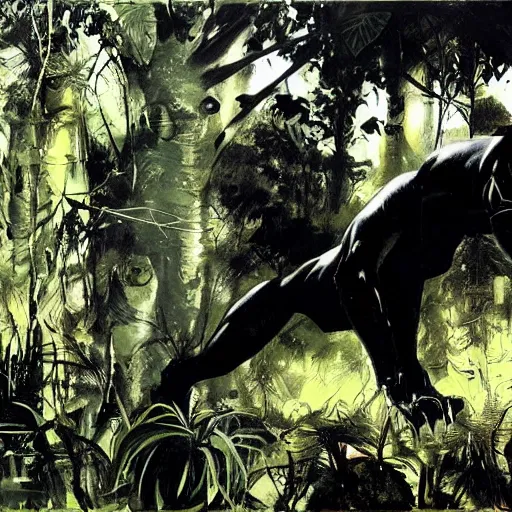 Image similar to black panther in the jungle by dave mckean and yoji shinkawa, oil on canvas