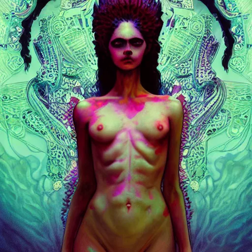 Image similar to A female neon demon, fullbody, psychedelic, intricate, horror, highly detailed, artstation, concept art, smooth, sharp focus, illustration, art by greg rutkowski and orientalism and bouguereau and Zdzislaw Beksinski, good clear quality, lighting, biology, symmetrical artwork, perfect face, 135 mm, cinematic, hyper realism, high detail, octane render, 8k, chrome accents