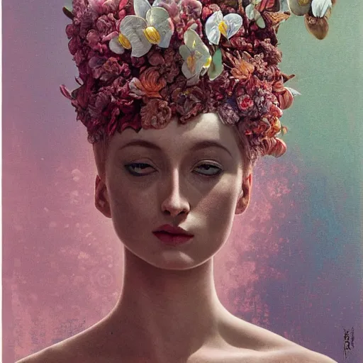 Prompt: sophie turner, botanical, orchid, portrait face, colorful, frantisek kupka, intricate, miles johnston, kuroda seiki, cynical realism, ozabu, john william godward, painterly, yoshitaka amano, moebius, miles johnston, louise zhang, james jean, mark ryden lowbrow pop surrealism art style