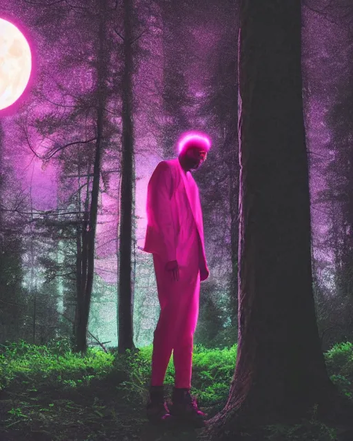 Image similar to man with pink glowing afro wearing disco jacket, standing in atmospheric spring forest at night, high contrast photoshop digital painting, realistic shading, beautiful moon lighting, best of artstation 4 k