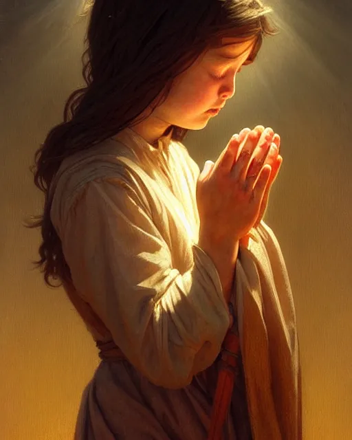 Image similar to poor hungry kid praying to a cross, emotional sad painting, very poor, cross, christianity, fantasy, cruel, dramatic lighting, intricate, wild, highly detailed, digital painting, artstation, concept art, smooth, sharp focus, illustration, art by artgerm and greg rutkowski and alphonse mucha