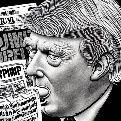 Image similar to close - up portrait of donald trump eating newspapers, by robert crumb, black and white drawing, very intricate