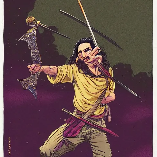 Prompt: 22 year old Frank Zappa golden Vagabond magic swordsman glides through a beautiful battlefield magic the gathering dramatic esoteric!!!!!! pen and ink!!!!! illustrated in high detail!!!!!!!! by Hiroya Oku!!!!! Written by Wes Anderson graphic novel published on shonen jump 2002 award winning!!!!