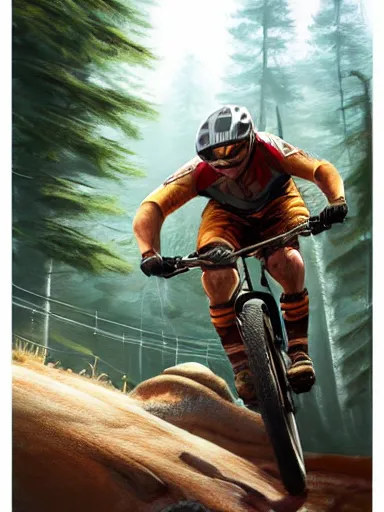 Image similar to handsome man riding a mountain bike in the wild, downhill. intricate, elegant, highly detailed, digital painting, artstation, cinematic shot, concept art, sharp focus, illustration, by justin gerard and artgerm, 8 k