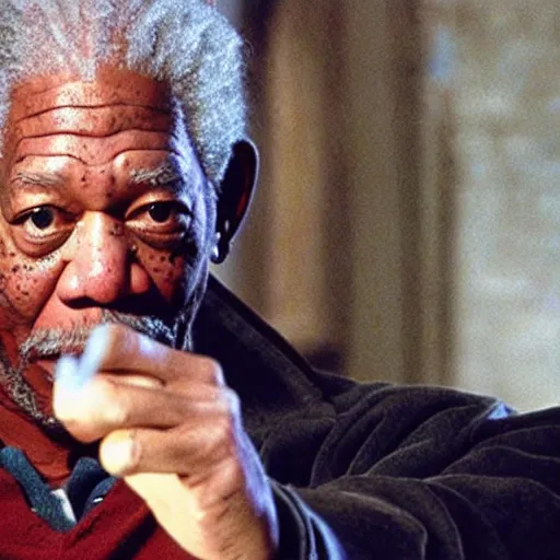 Image similar to still of morgan freeman in harry potter as harry holding a wand