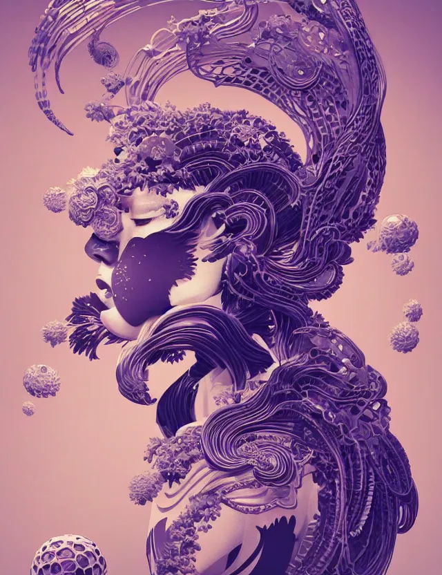 Image similar to simple coherent artwork. 3 d goddess close - up 3 / 4 portrait with ram skull. beautiful intricately detailed japanese crow kitsune mask and clasical japanese kimono. betta fish, jellyfish phoenix, bio luminescent, plasma, ice, water, wind, creature, artwork by tooth wu and wlop and beeple and greg rutkowski