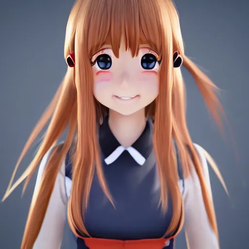 Image similar to Render of a very beautiful 3d anime girl, long hair, hazel eyes, cute freckles, full round face, school girl, short smile, cute sundress, golden hour, medium shot, mid-shot, highly detailed, trending on Artstation, Unreal Engine 4k