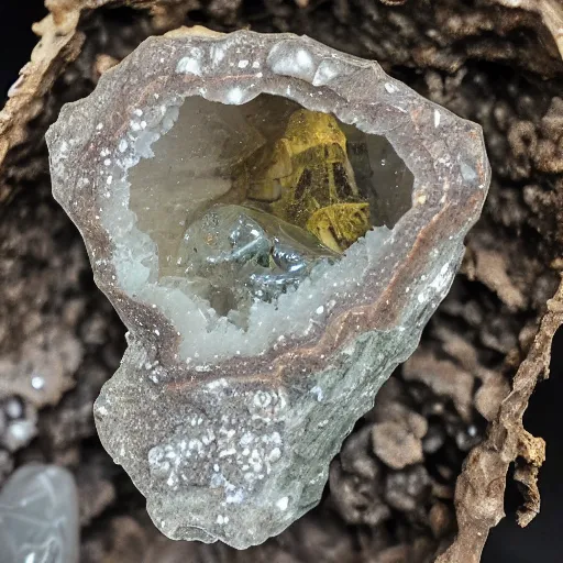 Image similar to mini dinosaur skeleton inside a crystal geode