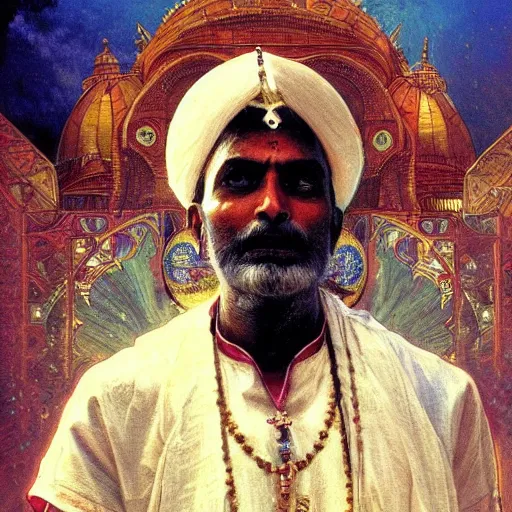 Image similar to portrait of Indian male priest, fantasy, powerful, elegant, intricate, beautiful lighting, perfect composition, by greg rutkowski, thomas kindkade, alphonse mucha