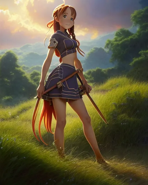 Image similar to weta disney pixar movie still pinup photo of asuna from sao : : as sunburnt cowgirl village girl by pixar : : by weta, greg rutkowski, wlop, ilya kuvshinov, rossdraws, artgerm, marvel, maxim cover, latex, octane render, sweaty, iridescent, bright morning, anime, liosh, mucha : :