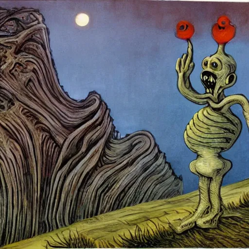 Image similar to painting of a landscape by h. r. giger and dr seuss | horror themed | creepy