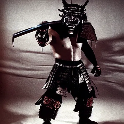 Prompt: fierce big muscular samurai wearing a cybernetic oni mask, accurate very wellmade movie still