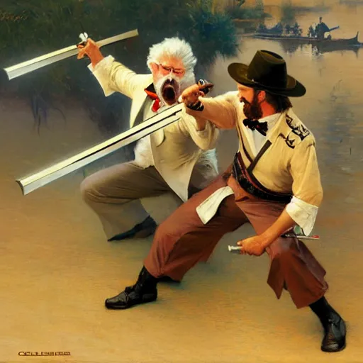 Image similar to colonel sanders with katana fighting donald mcdonald with gun, highly detailed painting by gaston bussiere, craig mullins, j. c. leyendecker, 8 k