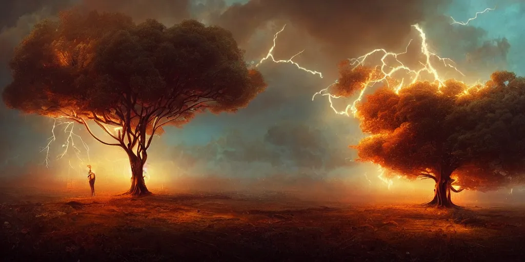 Prompt: tree struck by lightning by tom bagshaw, rococo, 8 k illustration, golden hour intricate, richly detailed, photorealistic imagery, artstation render inspired by alena aenami