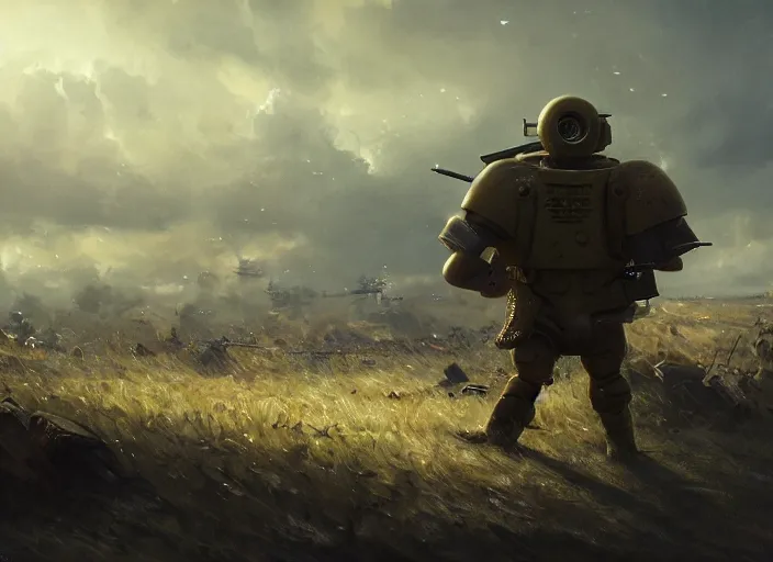 Image similar to close up cinematic artwork of spongebob SquarePants staring down the enemy on the battlefield by Greg Rutkowski, 4k, masterpiece
