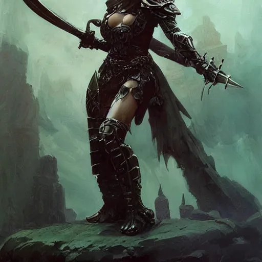 Prompt: A full portrait of a beautiful armored berserker woman, with an oversize Gothic sword, by Frank Frazetta, Greg Rutkowski, Boris Vallejo, epic fantasy art, Exquisite detail, post-processing, masterpiece, cinematic