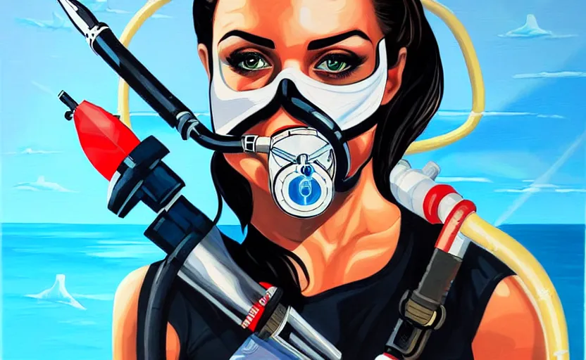 Prompt: rogue agent wearing oxygen mask holding a harpoon with sea background side profile by Sandra Chevrier