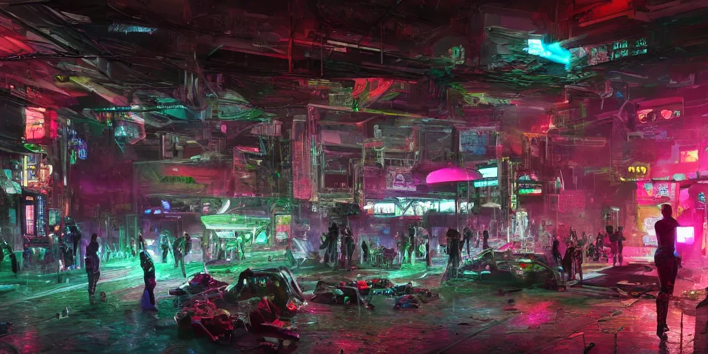 Prompt: a cyberpunk rave in a indoor football stadium, background scene from the old city of babylon, concept art, ultra realistic, 8 k, painting, highly detailed, sci - ci, neon, rain, guns, firearms, robbery, a police car burning