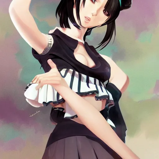 Prompt: luxury advertisement, astonishing portrait of a very beautiful anime schoolgirl with black bob hair, full perfect face, she is dancing. Realistic, highly detailed background, artstation, 120 degree view, drawn by Sasoura, Satchely and Akihiko Yoshida, no distortion