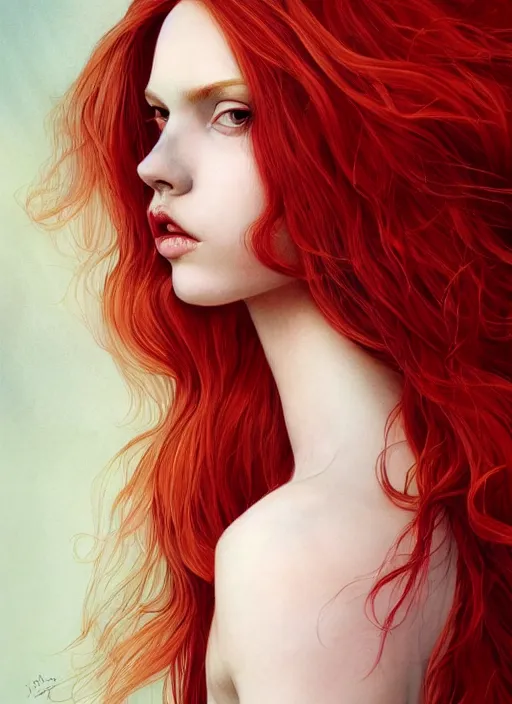 Image similar to dramatic ethereal full length illustration of a beautiful and red hair young woman in the art style of Martine Johanna, not realistic, anatomically correct, beautiful!! perfect face, enigmatic, volumetric golden dappled dynamic lighting, sharp focus, 8k high definition, insanely detailed, intricate, elegant