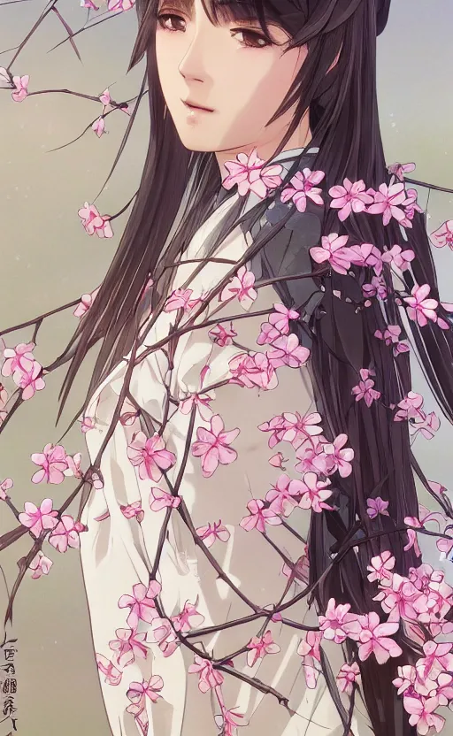 Image similar to front portrait of a girl walking, sakura tree in background, yukata clothing, battlefield in background, anime style, short hair, hair down, symmetrical facial features, from arknights, hyper realistic, 4 k, extreme detail, detailed drawing, trending artstation, realistic lighting, by alphonse mucha, greg rutkowski, sharp focus, backlit