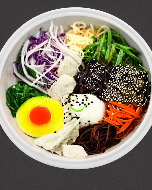 Prompt: realistic photo of delicious bimbimbap, bowl, white kitchen table, marble, highly detailed, by louise lister, sara ali, mary devinat, kailee mandel, masterpiece, award winning, food photography