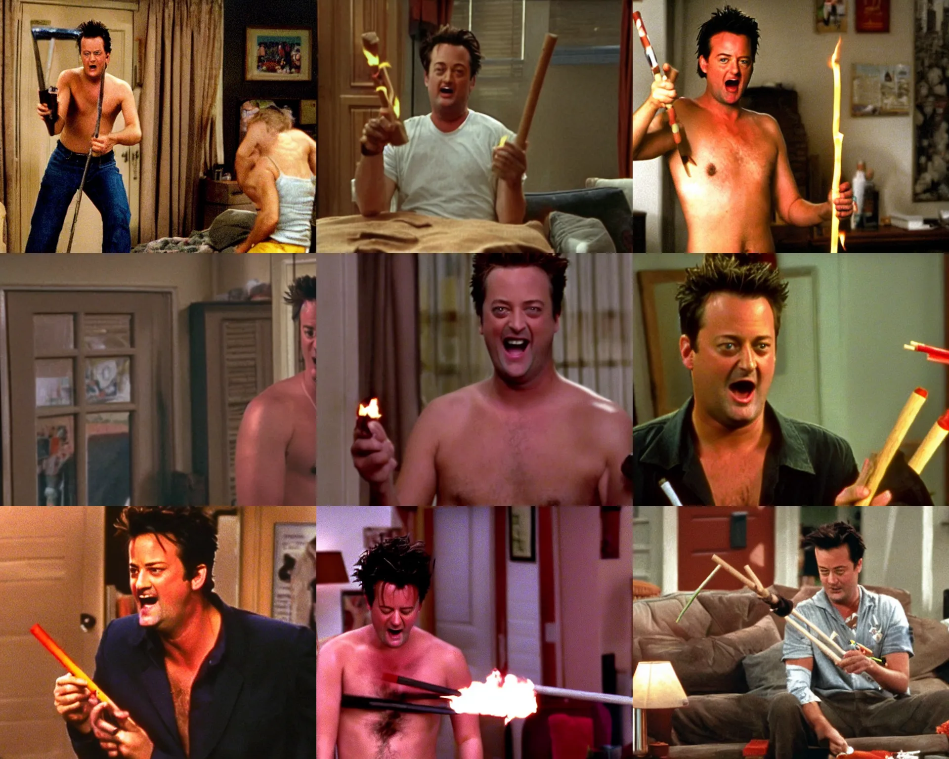 Prompt: matthew perry topless in his apartment holding a lit stick of dynamite and screaming,'friends'9 0 s tv show screenshot, film still, wideshot,