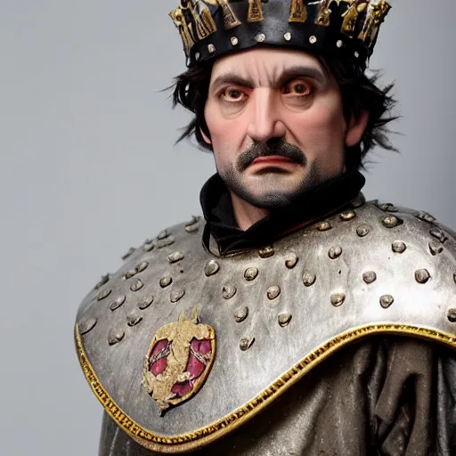 Image similar to richard iv the roman king photo, real human, soft studio lighting, 6 0 mm lens in full armor, cashmere hairs, crown highlights