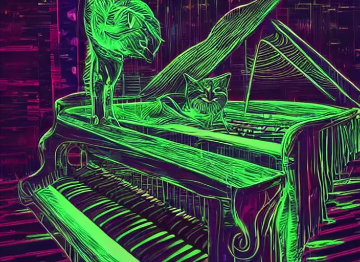 Image similar to cat [ playing a piano ], [ synthwave art style ]!!, trending on cgsociety, neon art style, [ bioluminescent colors ]!!, 4 k surrealism