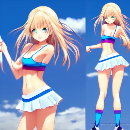 Image similar to a very beautiful young anime tennis girl, full body, long wavy blond hair, sky blue eyes, full round face,, bikini, miniskirt, front view, mid - shot, highly detailed, cinematic wallpaper by stanley artgerm lau