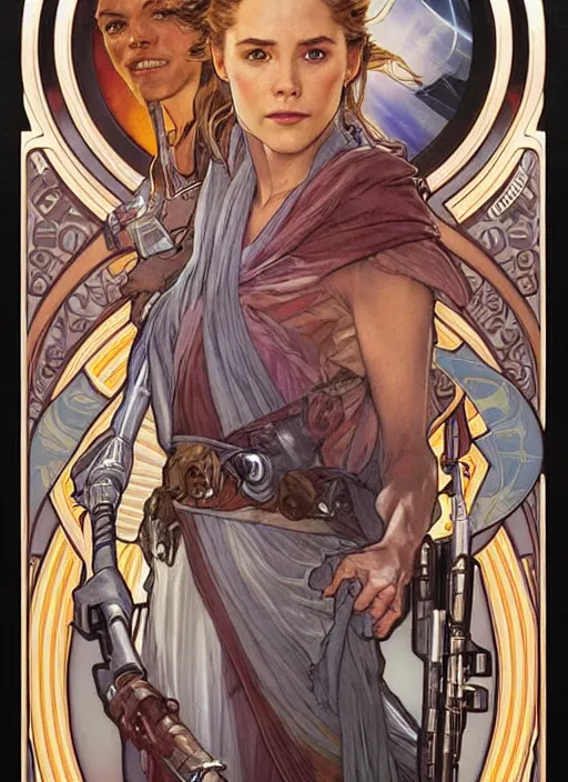 Image similar to movie poster by iain mccaig and magali villeneuve and drew struzan and alphonse mucha, a very beautiful!!!! woman jedi master, highly detailed. star wars original trilogy, she is about 2 0 years old, wearing jedi robes.