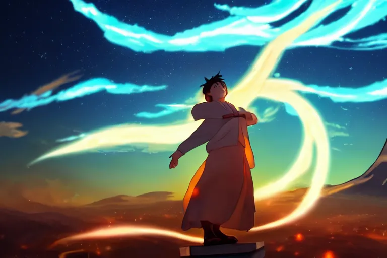 Prompt: levitating sorcerer, opening a shining portal, night sky, horizon of an erupting volcano, in the style of makoto shinkai