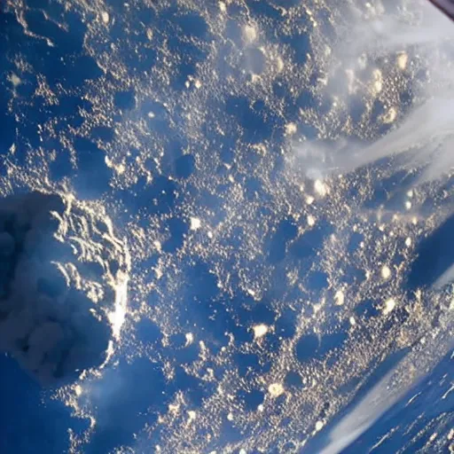 Prompt: photograph from the international space station window as planet earth breaks in half following a larger asteroid impact, fire explosions