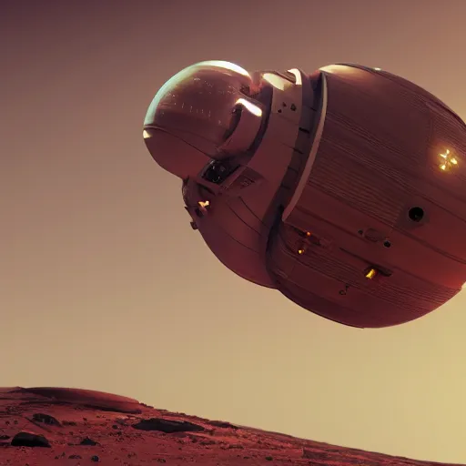 Prompt: A futuristic flying vehicle hovering the surface of Mars, wide angle, low angle shot, mood lighting, Behance, digital art in the style of Oblivion movie, by Beeple, trending on Artstation
