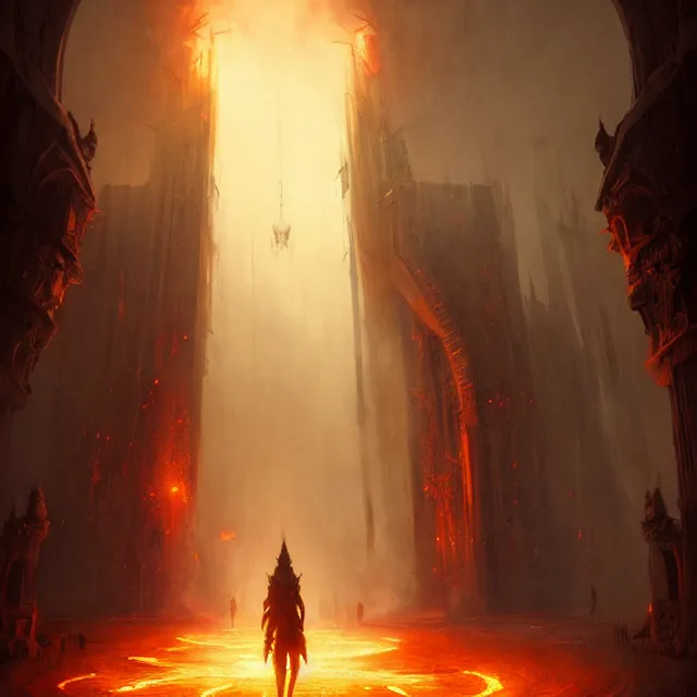 Image similar to huge gate, environment, illustration, fire, smoky, colors, epic scene, fantasy art by greg rutkowski, symmetrical, golden raito, high quality, intricate details, details, intricate, atmosphere, highly detailed, matte painting, cinematic, deviantart, realistic, concept art, 4 k