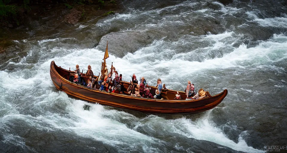 Image similar to a highspeed viking ship sailing down a river, f / 2. 8, motion blur