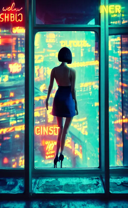 Image similar to vertical movie frame portrait of girl in 6 0's retro restaurant interior, neon - decorated urban on night in the city seen through the window, modern interior design, architectural design, vintage, night blade runner, dark, postapocalyptic, clean lines, 4 k, octane, asian futuristic city at distance, big windows, octane, wide angle