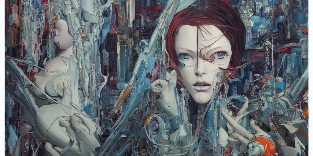 Prompt: gigantic oil painting art by james jean and katsuhiro otomo and moebius, inspired by ghost in the shell anime, smooth face feature, intricate oil painting, high detail illustration, sharp high detail, manga and anime 1 9 9 9