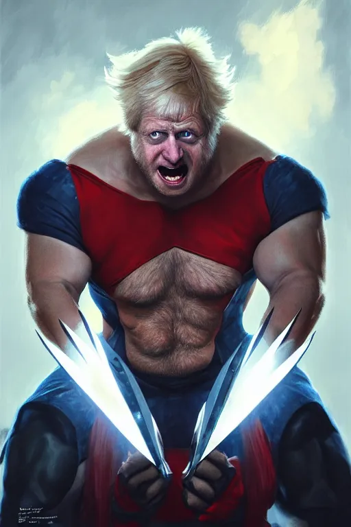 Image similar to Boris Johnson as Wolverine, shining claws, X man costume, portrait, highly detailed, digital painting, artstation, concept art, smooth, sharp focus, illustration, cinematic lighting, art by artgerm and greg rutkowski and alphonse mucha