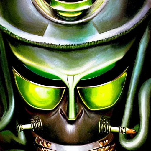 Image similar to beautiful lifelike painting of mf doom as king ghidora, hyperreal detailed facial features and uv lighting, art by ed roth and basil wolverton