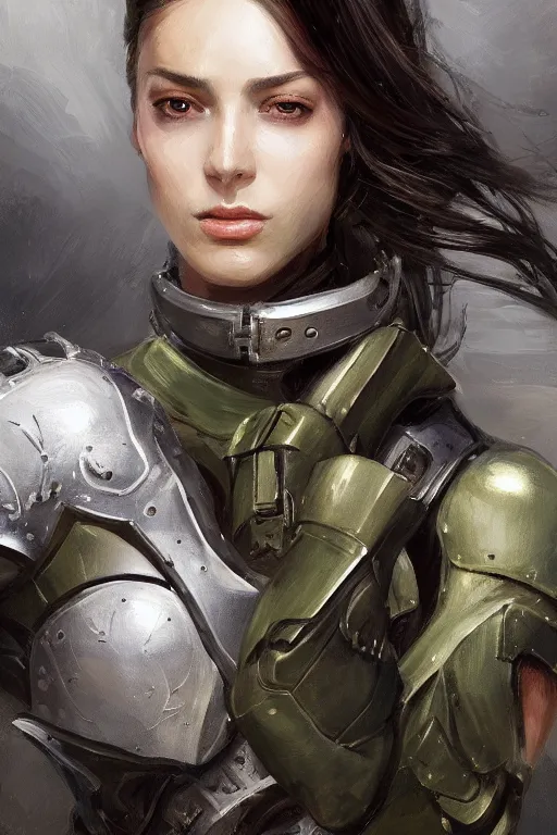 Image similar to a professionally painted portrait of an attractive young woman, clothed in military armor, olive skin, long dark hair, beautiful bone structure, symmetrical facial features, intricate, elegant, digital painting, trending on Artstation, concept art, smooth, sharp focus, illustration, from Metal Gear by Ruan Jia and Mandy Jurgens and Artgerm and William-Adolphe Bouguerea, award winning