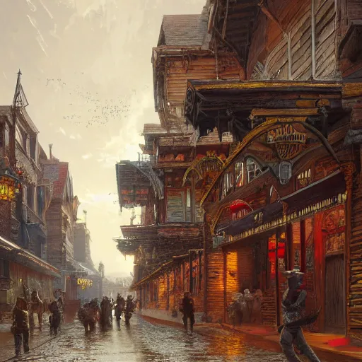 Prompt: artstation concept of historic old west town, bright colorful, hyperdetailed, artstation trending, world renowned artists, worth1000.com, historic artworks society, antique renewel, cgsociety, by greg rutkowski, by Gustave Dore, Deviantart