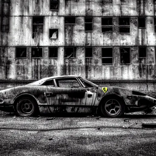 Image similar to black and white press photograph of a rusted abandoned ferrari on an empty abandoned city street, full view, detailed, natural light, mist, film grain, soft vignette, sigma 5 0 mm f / 1. 4 1 / 1 0 sec shutter, imax 7 0 mm footage