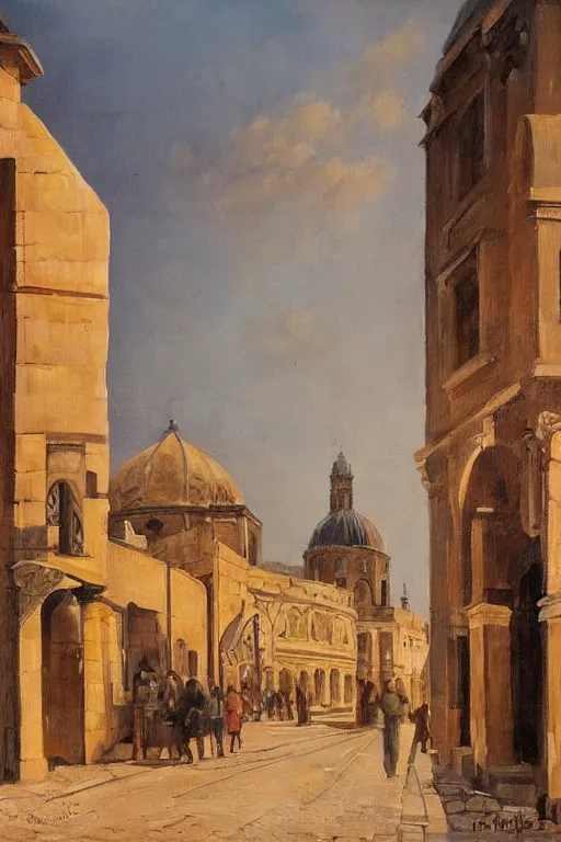 Image similar to painting of view of old European city with mix of middle eastern architecture fusion, photoreal, sunset light, painting by Charles Leickert , old master painting