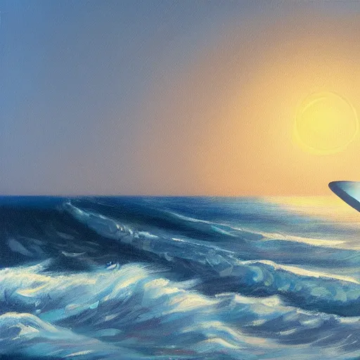 Prompt: a ufo flying close to the water out in the ocean, oil painting, rough waves, mysterious, ambient lighting,