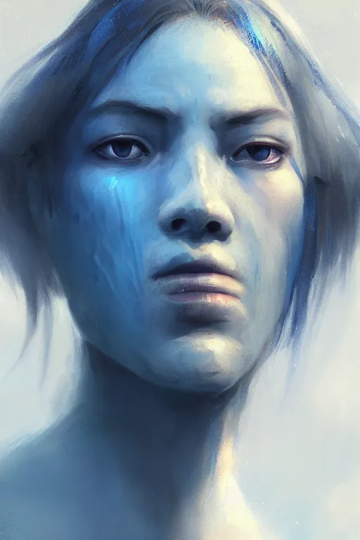 Image similar to a portrait a blue spirit by Greg Rutkowski, Sung Choi, Mitchell Mohrhauser, Maciej Kuciara, Johnson Ting, Maxim Verehin, Peter Konig, final fantasy , 8k photorealistic, cinematic lighting, HD, high details, atmospheric , trending on artstation