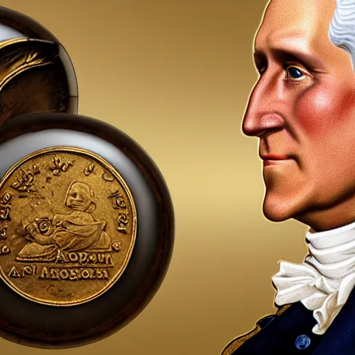 Image similar to a closeup photorealistic photograph of a happy George Washington inspecting small gold Doubloon coins at his home on Cherry Street. This 4K HD image is Trending on Artstation, featured on Behance, well-rendered, extra crisp, features intricate detail and the style of Unreal Engine.