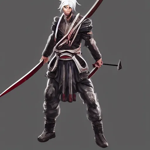 Prompt: character concept art of a male hero with two katanas by Ozan Pulat and Xiaochen Guo, white hair, young man, trending on artstation 4k, unreal engine,