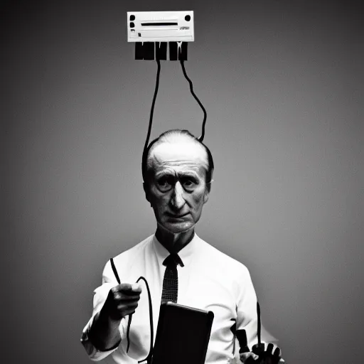 Image similar to a minimalist portrait of Marcel Duchamp holding computer cables in the style of Annie Leibovitz, Irving Penn, Hito Steyerl, Akira Kurosawa, Shinya Tsukamoto, wide angle, monochrome, futuristic tetsuo